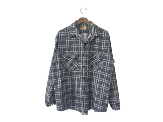 50's - 60's Vintage Flannel Shirt Sears Perma Prest Gray White Plaid Worn Vintage Flannel Shirt Size XL