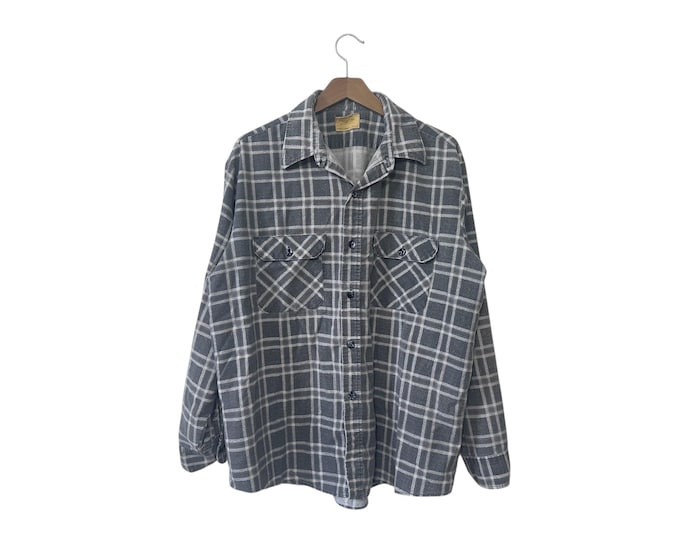 50's - 60's Vintage Flannel Shirt Sears Perma Prest Gray White Plaid Worn Vintage Flannel Shirt Size XL