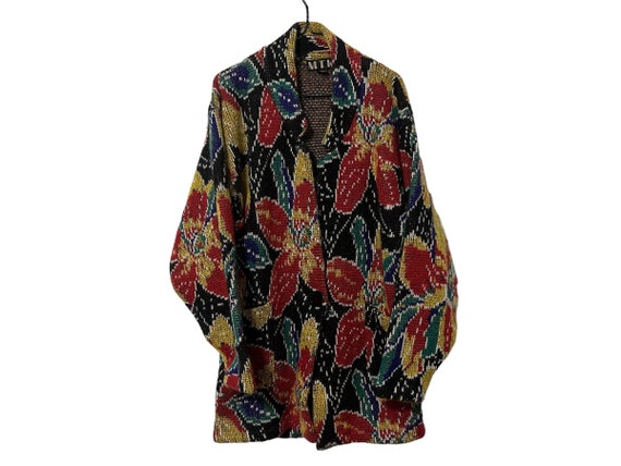 Floral Vintage Knit Long Sweater Coat Colorful Floral Print Pattern Flowers MTK Oversized Womens Small