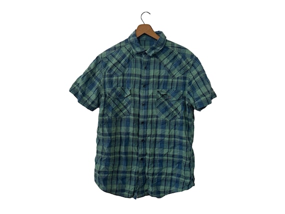 Men's Classic Plaid Flannel Short Sleeve Blue Green Button Down Shirt Men's Small