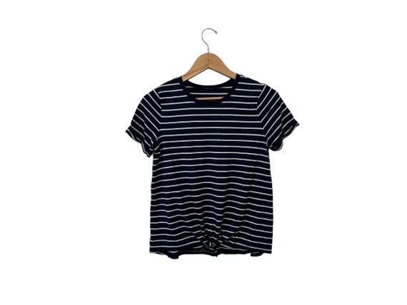 Navy & White Striped Tie Front Top Shirt with Stripes Shortsleeve Women's Small Medium