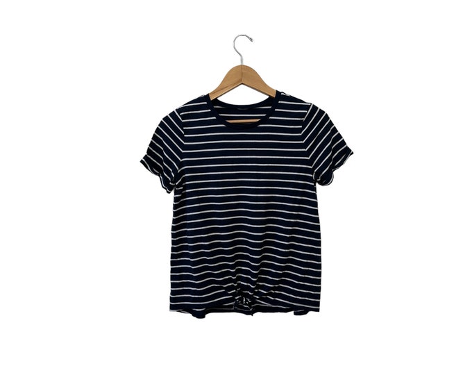 Navy & White Striped Tie Front Top Shirt with Stripes Shortsleeve Women's Small Medium