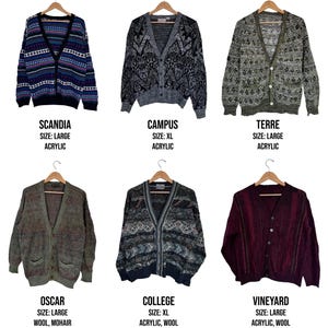 May include: Six vintage acrylic and wool cardigans in various colors and patterns, including blue, gray, green, and burgundy. Each sweater hangs on a wooden hanger. Text on the image includes "SCANDIA", "CAMPUS", "TERRE", "OSCAR", "COLLEGE", and "VINEYARD".