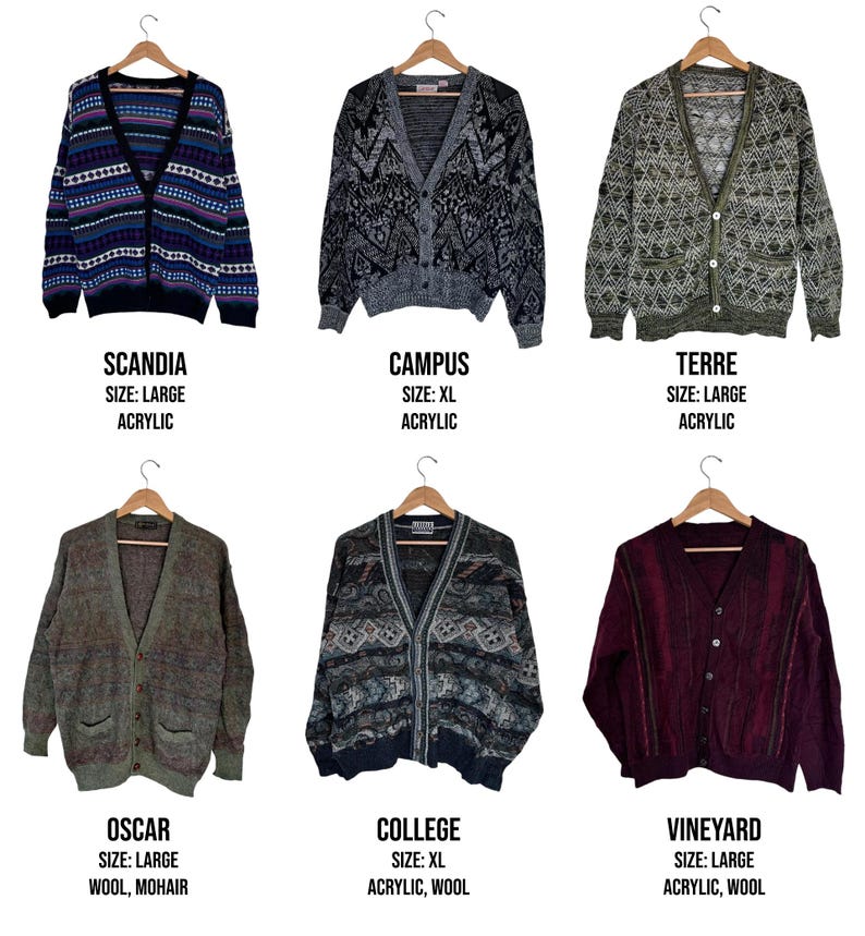 May include: Six vintage acrylic and wool cardigans in various colors and patterns, including blue, gray, green, and burgundy. Each sweater hangs on a wooden hanger. Text on the image includes "SCANDIA", "CAMPUS", "TERRE", "OSCAR", "COLLEGE", and "VINEYARD".