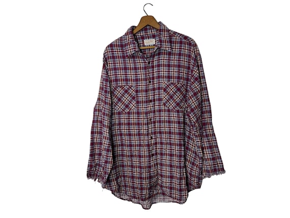 80s Vintage Distressed Grunge Work Plaid Flannel Longsleeve Frayed Cutoff Sleeves with Pockets Burgundy Blue Black White Men's XL