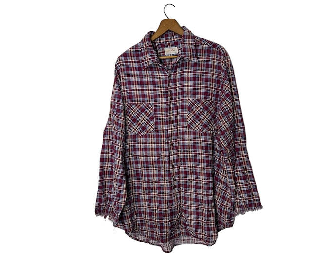 80s Vintage Distressed Grunge Work Plaid Flannel Longsleeve Frayed Cutoff Sleeves with Pockets Burgundy Blue Black White Men's XL