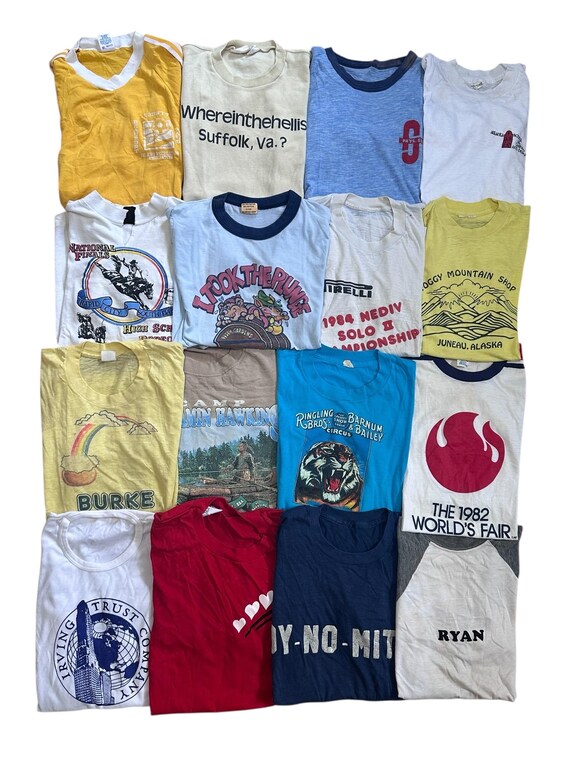Wholesale Lot 16 Vintage Graphic T-shirts from the 70's 80's 90's - Mixed grades with damage