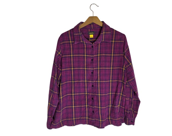 Purple Magenta Pink Womens Flannel Shirt Cotton Cabelas Plaid Size Large Ladies