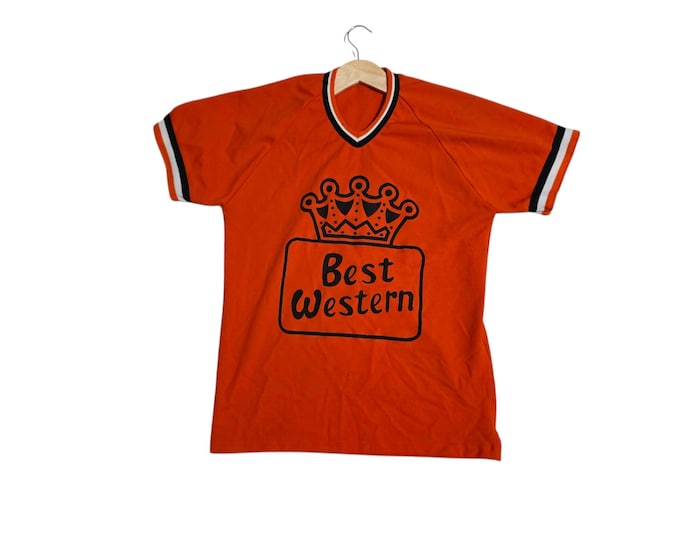 1970s Vintage Best Western Promo Jersey T Shirt, J Maloney #7 Orange Hotel Uniform Graphic Tee, Russell Mills, 100% Polyester Size Medium