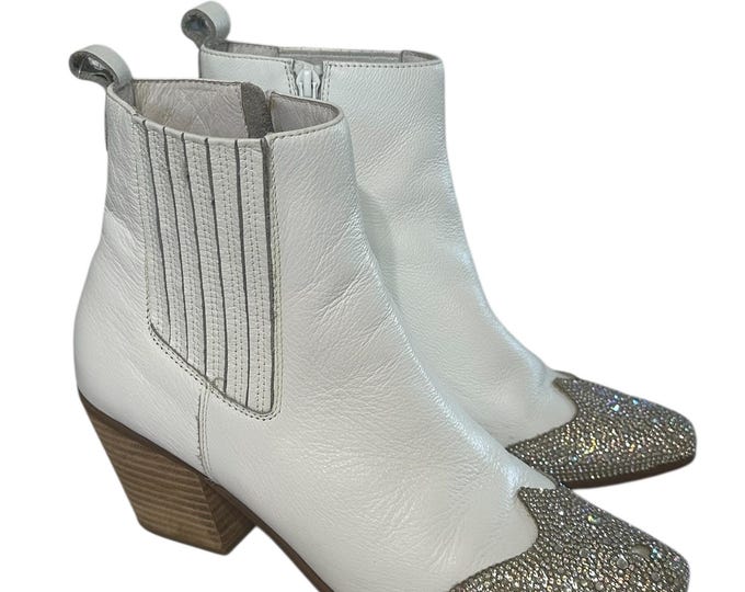 White Leather Rhinestone Toed Ankle Boots Vintage Wedding Boot Sparkly Toe Matisse Womens Size 9.5 M US