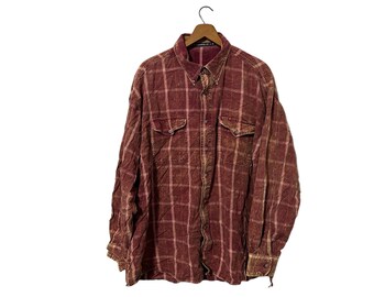 Wrangler Acid Wash Distressed 90s Grunge Flannel Shirt Rust Burnt Orange Button Down Long Sleeve Pockets Men's XXL