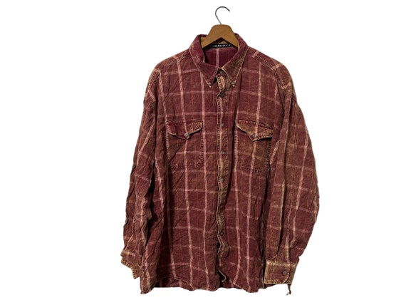 Wrangler Acid Wash Distressed 90s Grunge Flannel Shirt Rust Burnt Orange Button Down Long Sleeve Pockets Men's XXL