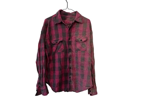 Vertical Bleach Dyed Buffalo Plaid Flannel Shirt Dark Red and Black Size Large