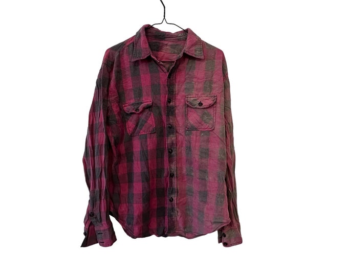 Vertical Bleach Dyed Buffalo Plaid Flannel Shirt Dark Red and Black Size Large