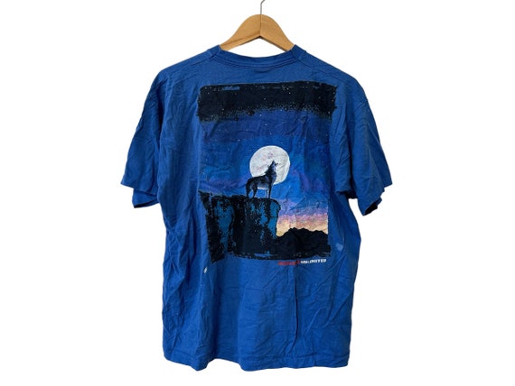 Vintage Marlboro Unlimited Howling Wolf T-shirt Pocket Tee Blue Distressed One Size Fits All