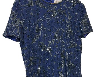Vintage Beaded Adrianna Papell Silk Evening Dress Cut Out Back Sequins  Floral Design Dark Blue Short Sleeve Zip Back Women's Size 12 - Etsy