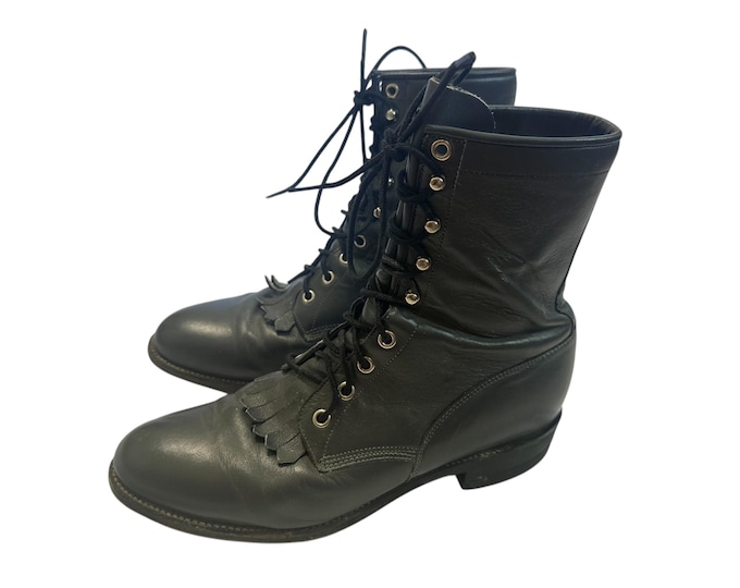 Gray Leather Lace Up Justin Boots with Fringe Lacer Boot Men Size 8.5 D