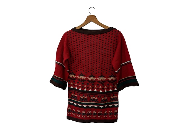 80's Vintage Half Bell Sleeve Christmas Holiday Knit Pullover Sweater Top Red White Green Beige and Brown Women's Small / Medium