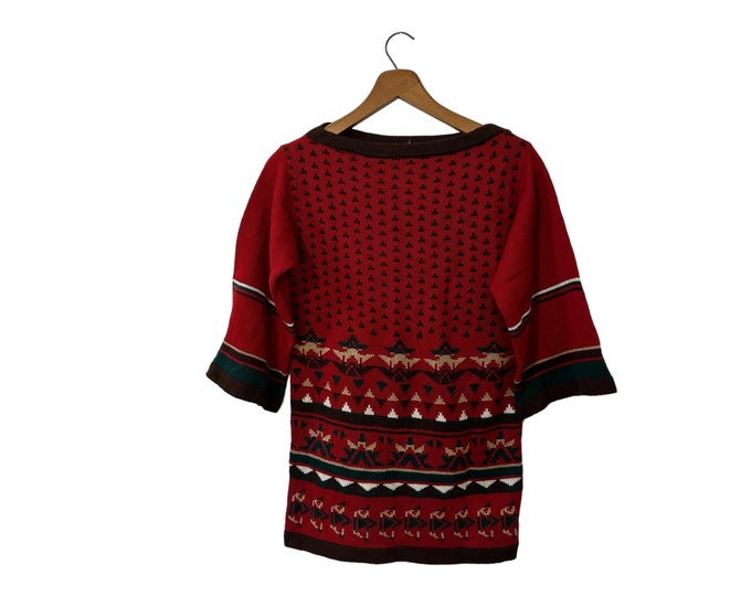 80's Vintage Half Bell Sleeve Christmas Holiday Knit Pullover Sweater Top Red White Green Beige and Brown Women's Small / Medium