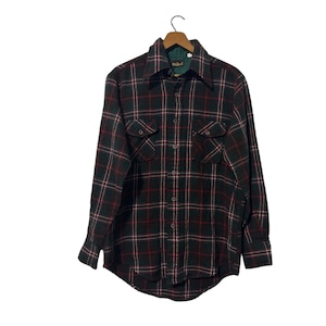 70&#39;s Hitman Wool Blend Men&#39;s Flannel Shirt Dark Brown with Red Green Plaid Size Small Fit with Medium Tag Unisex Vintage Flannel Shirt