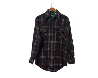 70's Hitman Wool Blend Men's Flannel Shirt Dark Brown with Red Green Plaid Size Small Fit with Medium Tag Unisex Vintage Flannel Shirt