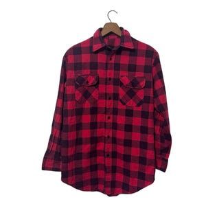 80s Red Flannel Shirt Buffalo Plaid Soft Cotton Blend Button Down Flannel Shirt Size Small - Damaged