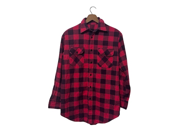 80s Red Flannel Shirt Buffalo Plaid Soft Cotton Blend Button Down Flannel Shirt Size Small - Damaged