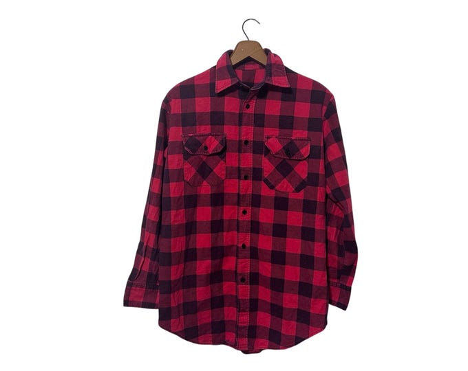 80s Red Flannel Shirt Buffalo Plaid Soft Cotton Blend Button Down Flannel Shirt Size Small - Damaged