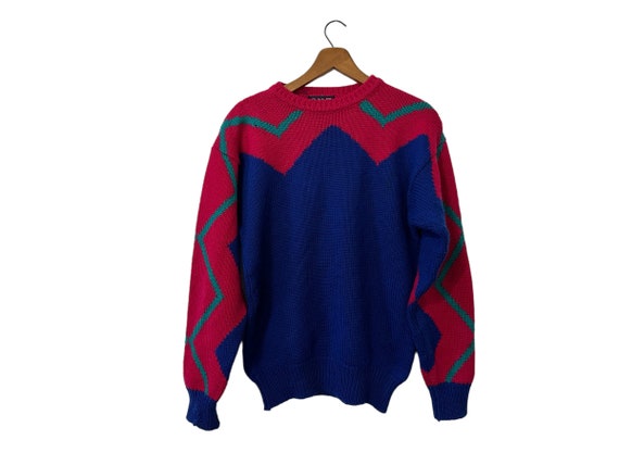 90's Vivid Colorful Blue and Pink Abstract Wool Pullover Sweater by Gant Unisex Adult Medium