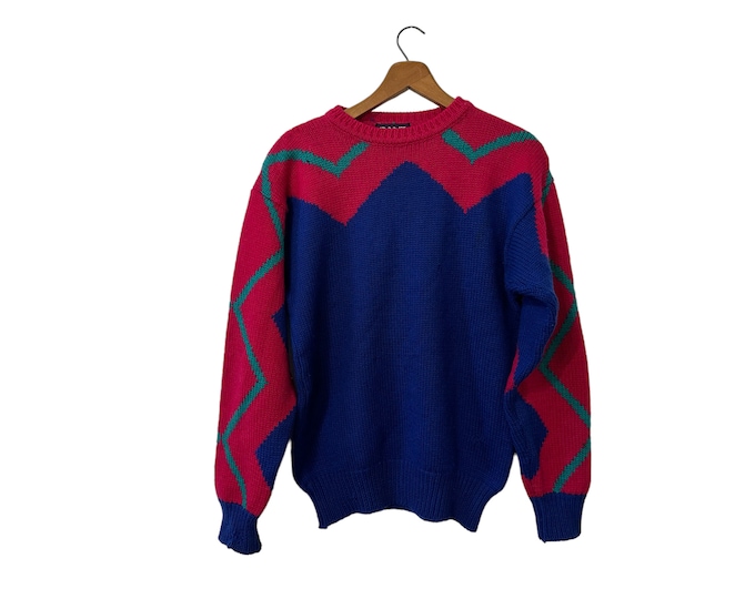 90's Vivid Colorful Blue and Pink Abstract Wool Pullover Sweater by Gant Unisex Adult Medium