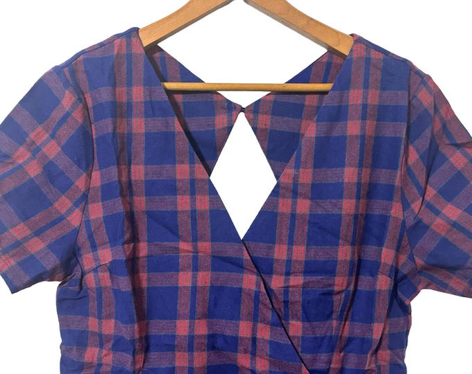Cute Plaid Diamond Back Romper with Short Sleeves Navy Blue Red Pleated V-Neck Jumper Womens Small
