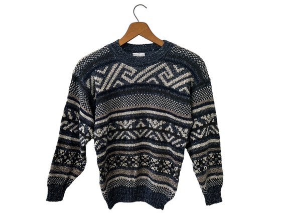 Kids Sweater Vintage Fair Isle 80's Pullover Knit Sweater Blue Gray White Dark Gray Boy's Medium (12-14)