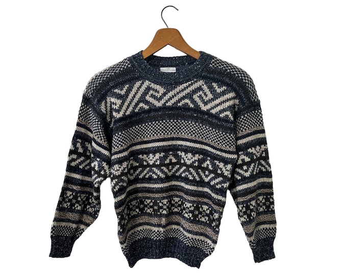 Kids Sweater Vintage Fair Isle 80's Pullover Knit Sweater Blue Gray White Dark Gray Boy's Medium (12-14)