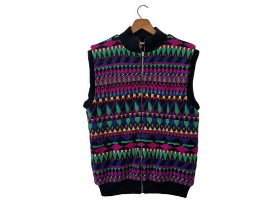 80s Colorful Geometric Pattern Wool Blend Full Zip Sweater Vest Vintage Black Pink Purple Yellow Green Mock Neck Quilt Lined Womens Medium