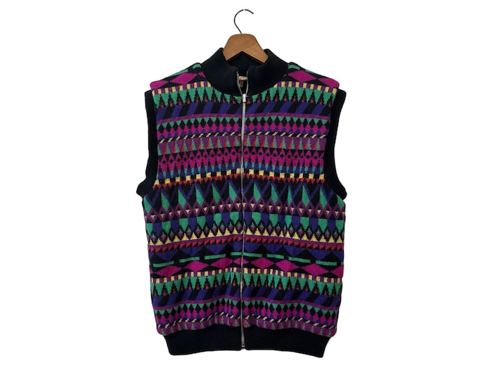 80s Colorful Geometric Pattern Wool Blend Full Zip Sweater Vest Vintage Black Pink Purple Yellow Green Mock Neck Quilt Lined Womens Medium
