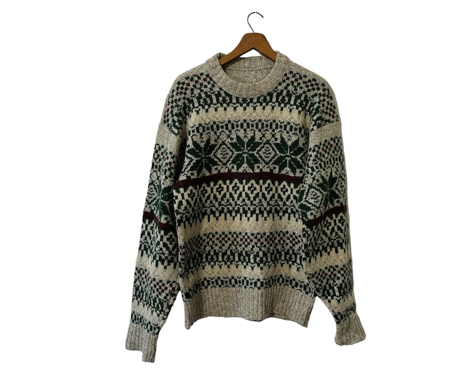 Winter Snowflake Vintage Fair Isle Pullover Ski Sweater Green Off-White Wool Size Medium