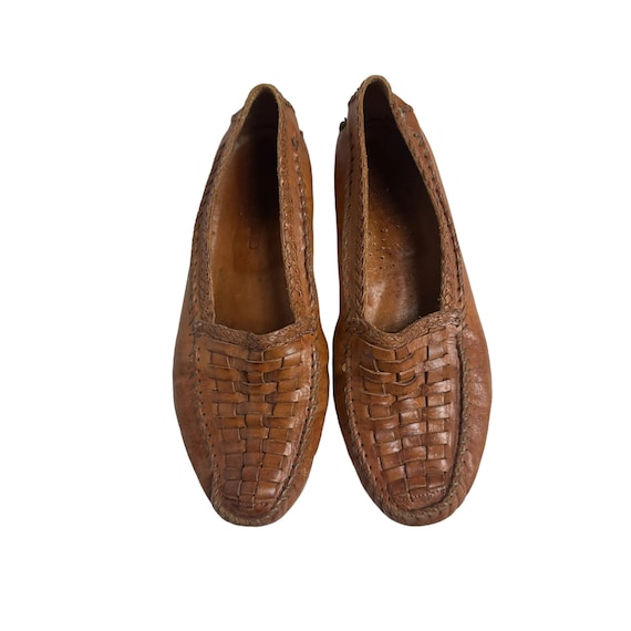 Vintage Italian Made Cole Haan Leather Woven Slip-On Loafers Flats Shoes Cognac Brown Size 8.5 M or 9.5 US Women