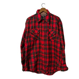 80&#39;s Country Plaid Christmas Flannel Shirt Red Green Blue Yellow Button Down Long Sleeve Pockets Vintage Acrylic Size Large