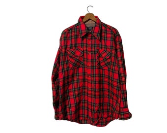 80's Country Plaid Christmas Flannel Shirt Red Green Blue Yellow Button Down Long Sleeve Pockets Vintage Acrylic Size Large