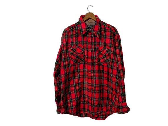 80's Country Plaid Christmas Flannel Shirt Red Green Blue Yellow Button Down Long Sleeve Pockets Vintage Acrylic Size Large