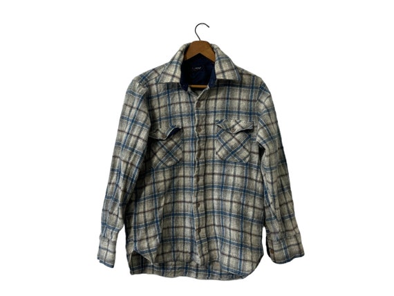 Vintage Gray Wool Blend Flannel Shirt Mens Arrow Sportswear Gray Blue Plaid With Pockets Button Down