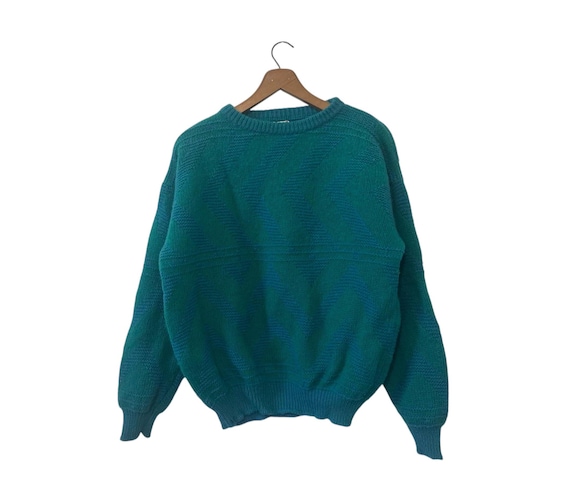 Vintage Benetton Shetland Wool Sweater Teal Blue Green Chevron Pattern Size Medium Large