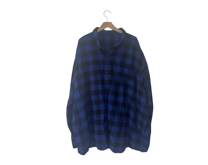 6XL Dark Blue Black Buffalo Plaid Flannel Shirt Checkered Pattern Cotton Button Down Flannel