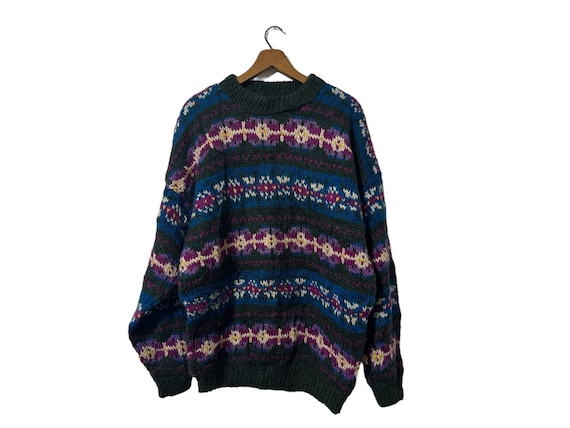 Wool Fair Isle Pattern Sweater Thick Knit Blue Purple Green Colorful Winter Sweater Size Adult Large