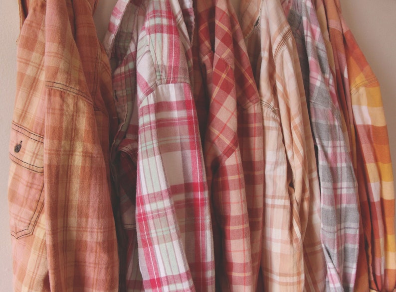 Sun Bleached Flannel Shirt Faded Colors Pink Peach Blush Gold Tan Rust image 5