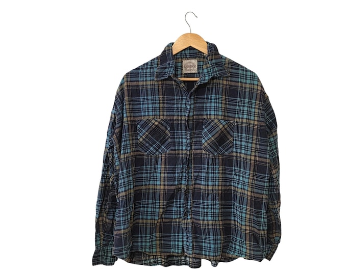 Distressed 80s Vintage Saugatuck Dry Goods Co Plaid Flannel Shirts Navy Teal Beige Cotton Blend Size XL