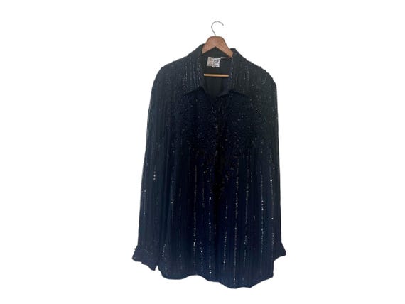 Black Beaded Silk Button Down Long Sheer Sleeved Blouse Vintage Stenay Plus Womens Size 3X