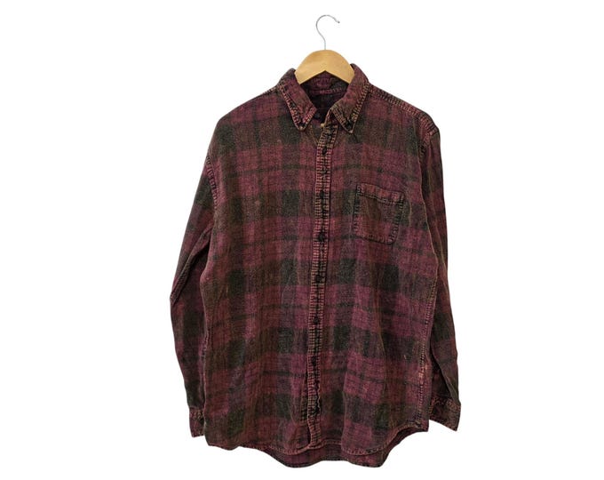 Acid Wash Distressed Plaid Flannel Button Shirt Burgundy Maroon Red Black Vintage 90s Grunge Utility Size     Unisex Large Tall