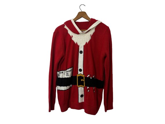 Hooded Santa Christmas Sweater Red Pullover Knit Naughty Nice List Candy Canes Felt Ball on Hoodie with Beard Women's Large