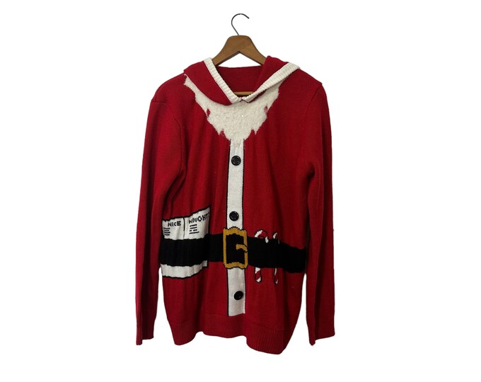 Hooded Santa Christmas Sweater Red Pullover Knit Naughty Nice List Candy Canes Felt Ball on Hoodie with Beard Women's Large